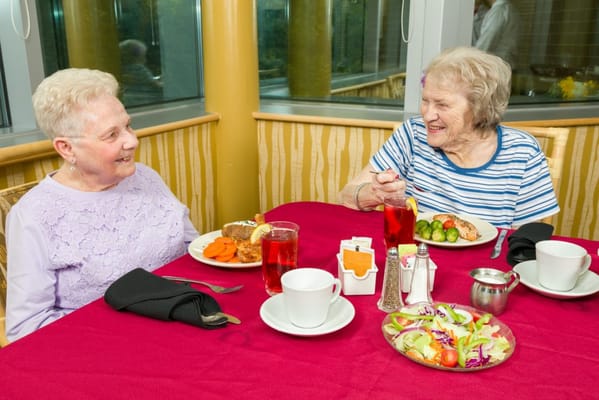 Two residents enjoying lunch in a dining area