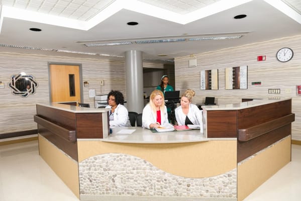 Staff at the reception area in a nursing home