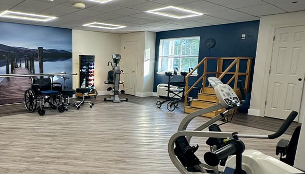 Interior rehabilitation space with exercise equipment