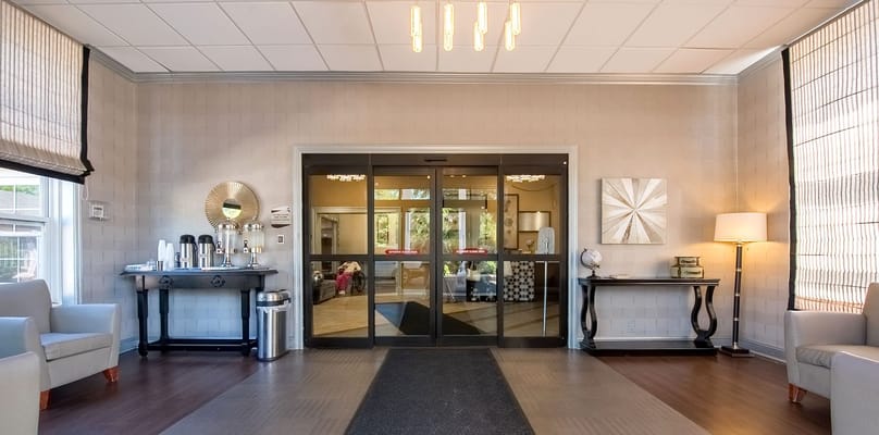 Bright lobby area with comfortable seating