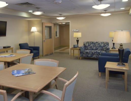 Interior of a cozy common area with seating