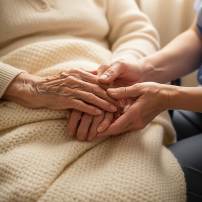 Close-up of two hands holding in a caring gesture