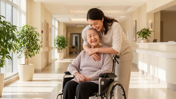 Staff member embracing a resident in a bright hallway