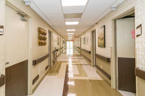 Bright hallway with artwork and accessible features