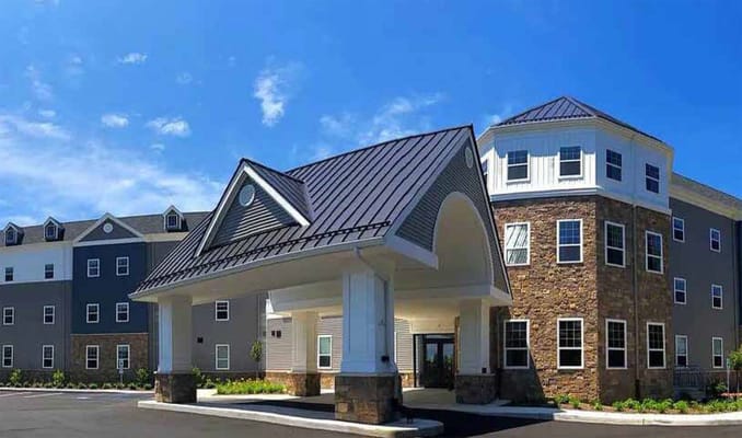 Exterior view of a modern assisted living facility