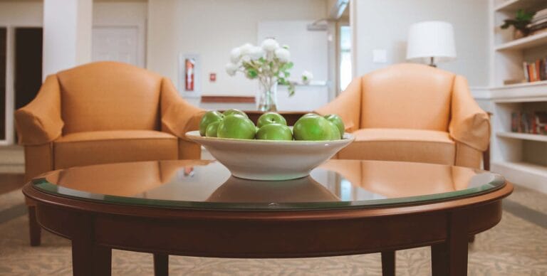 Stylish lounge area with chairs and a fruit bowl