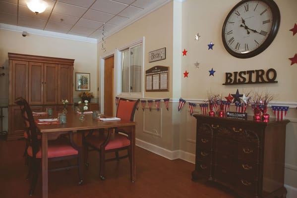 Dining area with decorative elements and comfortable seating
