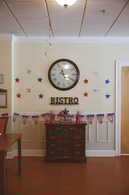 Decorated bistro area with patriotic theme