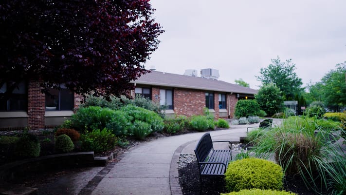 Pathway through gardens leading to a building