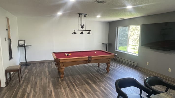 Interior game room with billiards table and natural light