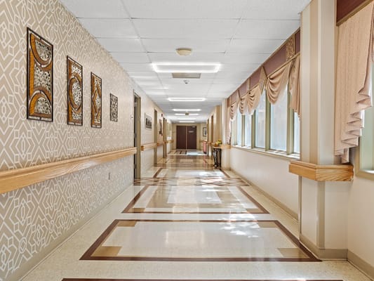 Bright hallway in a senior living facility