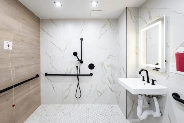 Modern accessible bathroom with grab bars