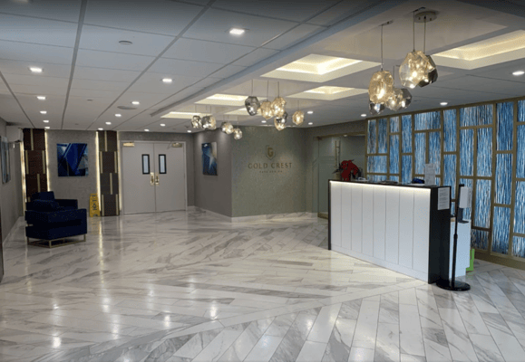 Bright lobby area with modern decor and seating