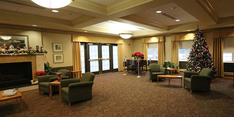 Cozy common area decorated for the holidays