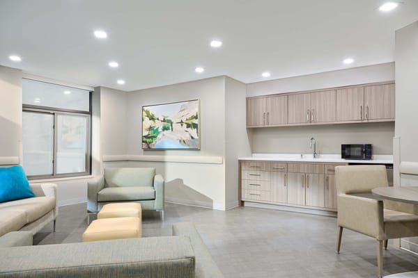 Bright, modern common area with seating