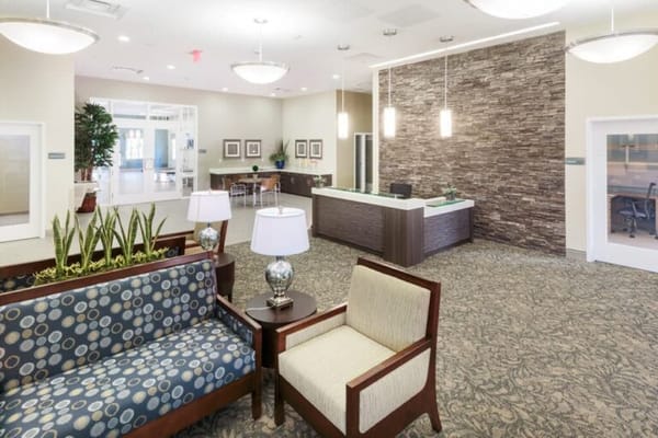 Bright and modern lobby area with seating