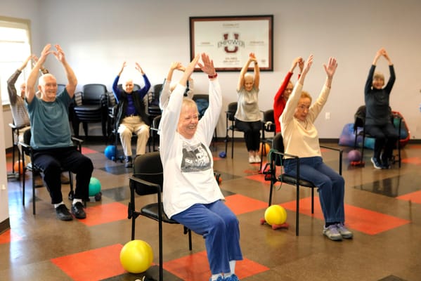 Residents engaging in seated exercise class with balls