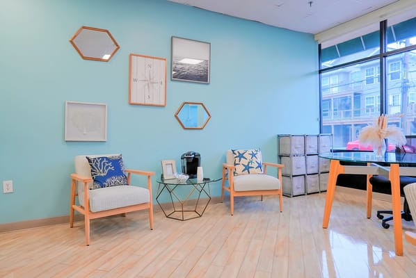 Bright lobby area with modern seating and decor