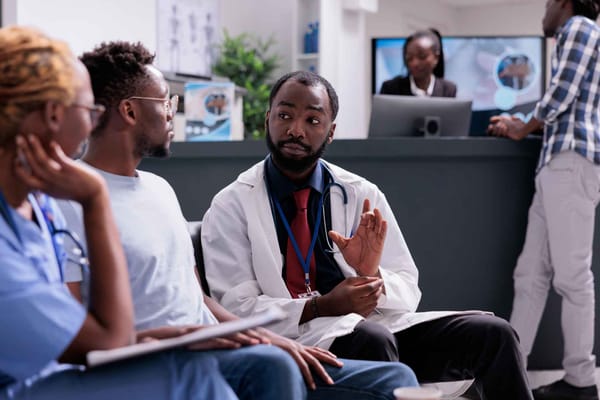 Medical staff discussing with patients in a waiting area