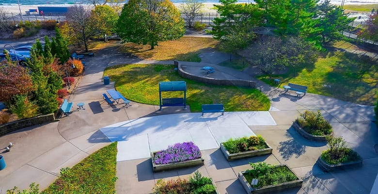 Aerial view of a serene outdoor space at a senior facility