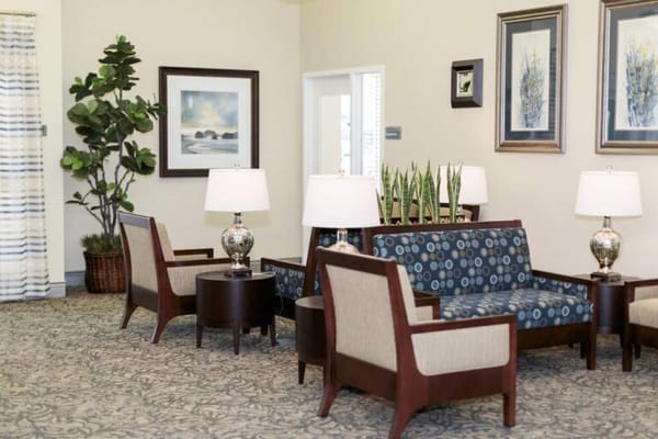 Comfortable seating area in a bright common room