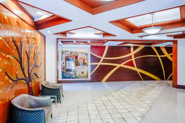 Bright interior lobby area with artistic decor