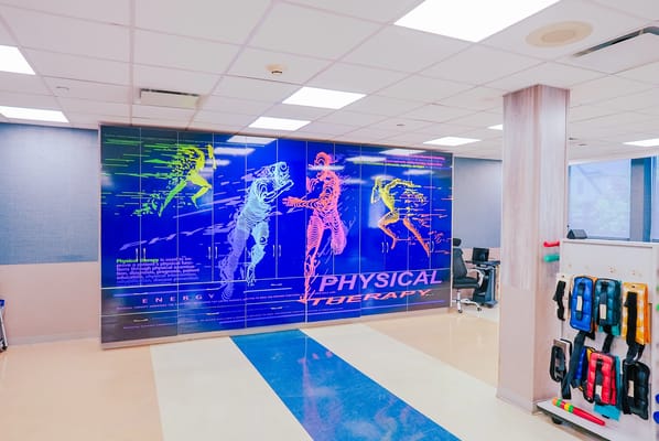 Interior view of a physical therapy space with colorful wall design