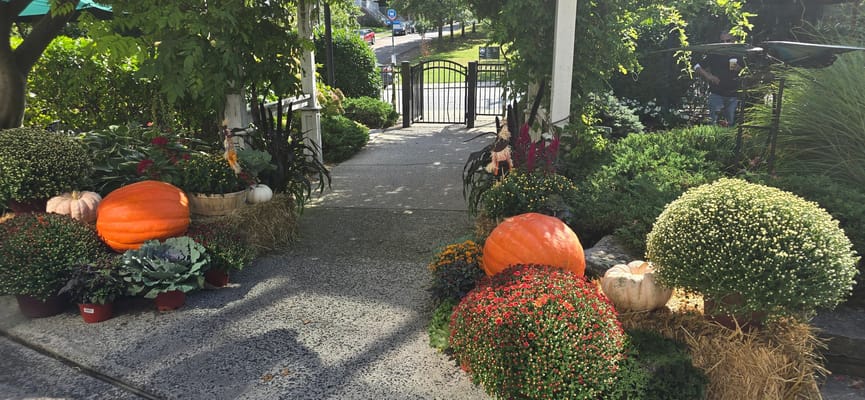 Entrance decorated with pumpkins and flowers