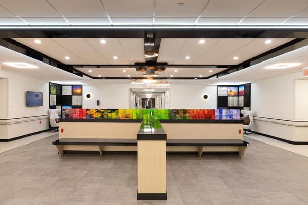 Bright interior common area with colorful decor