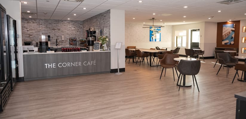 Bright interior of a café area with seating