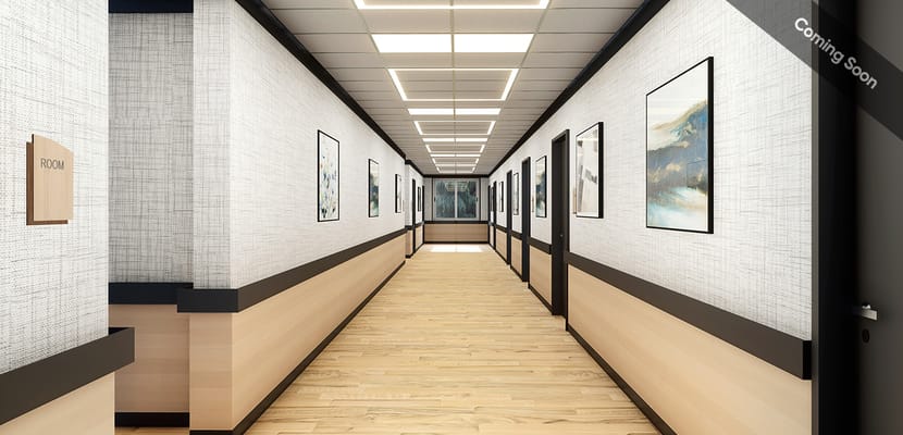 Long, well-lit hallway with artwork on walls