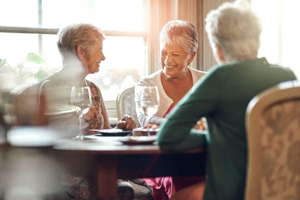 Seniors enjoying conversation at a dining table