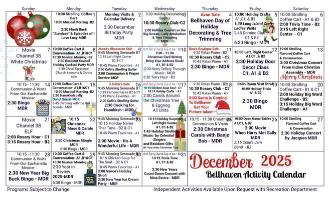 Activity calendar for a senior living community