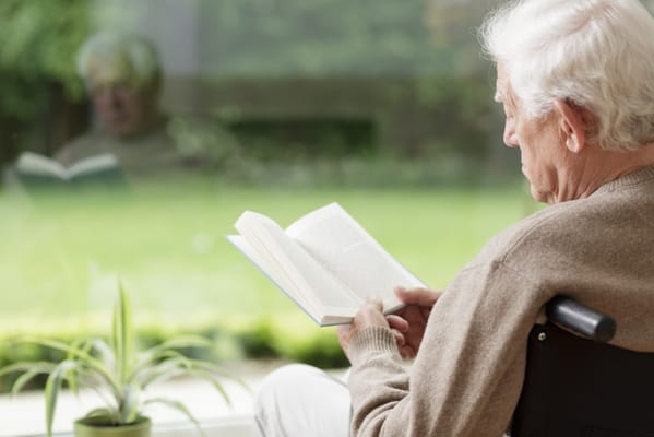 Senior reading a book in a garden view