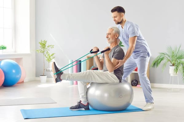 A senior man exercising with a therapist in a gym