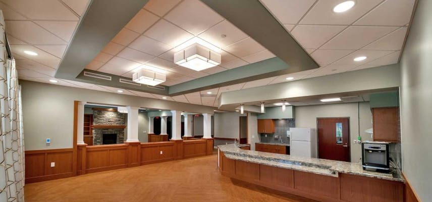 Bright common area with modern decor and kitchen