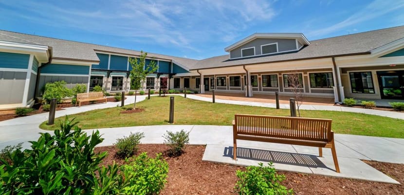 Outdoor courtyard with seating and pathways