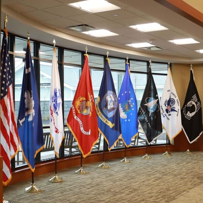 Flags displayed in a bright common area