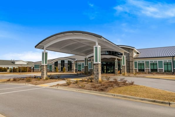 Exterior view of a senior living facility entrance
