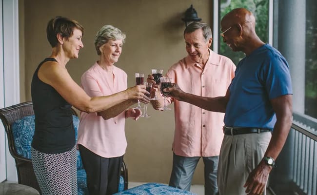 Residents toasting with glasses on a porch