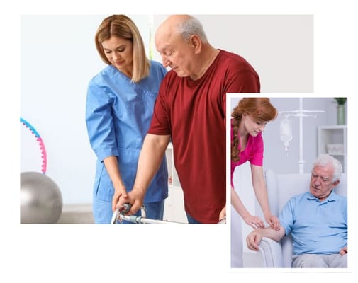 Healthcare staff assisting elderly residents