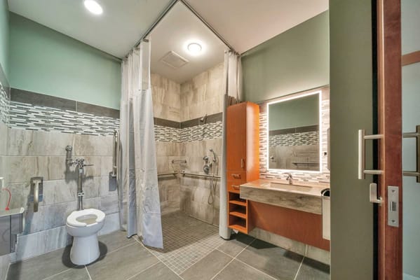 Accessible bathroom with safety features and modern design