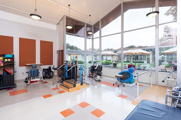 Interior view of an activity room with exercise equipment