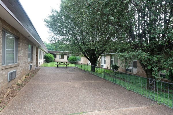 Outdoor courtyard with benches and greenery