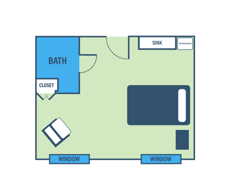 Architectural floor plan of a resident room layout
