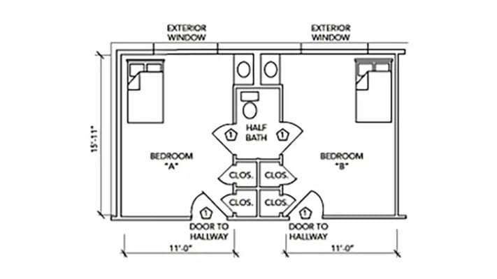 Architectural floor plan of resident room layout
