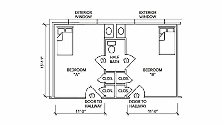 Architectural floor plan of resident room layout