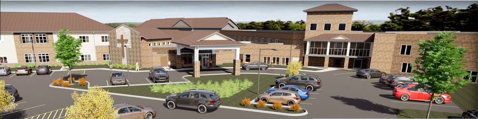 Exterior view of a senior living facility with parking area