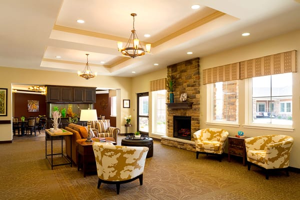 Cozy living area with comfortable seating and fireplace