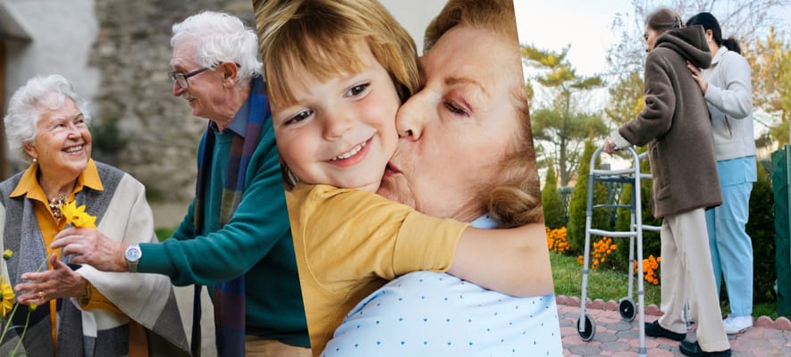 Residents interacting with family members in a garden